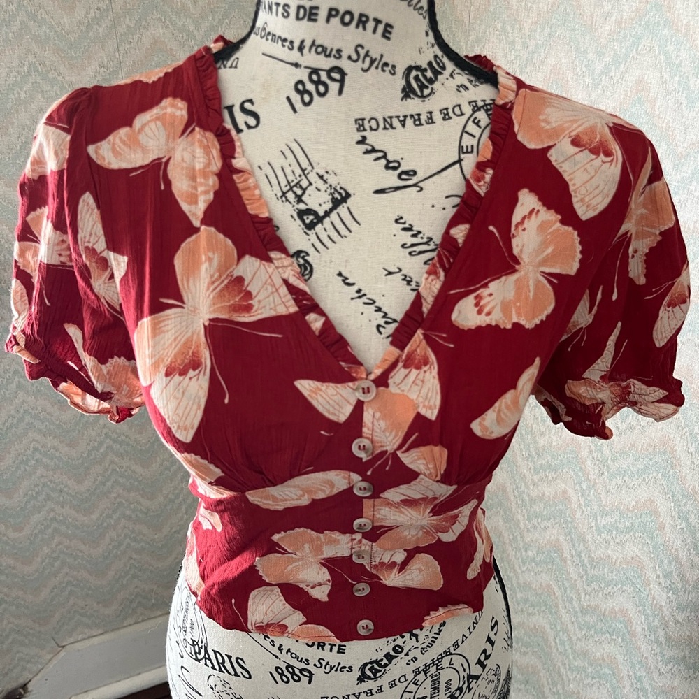 Paper Crane Red Butterfly Print Top